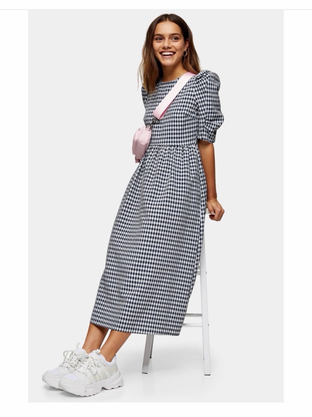 Topshop Black & White Gingham Maxi Dress with Puff Sleeves